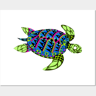 green radioactive turtle in ecopop mutant pattern from the floral caribbean art Posters and Art